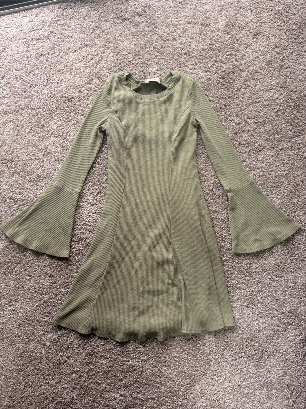 Altar'd State Olive Green Ribbed Bell-Sleeve Knit Dress